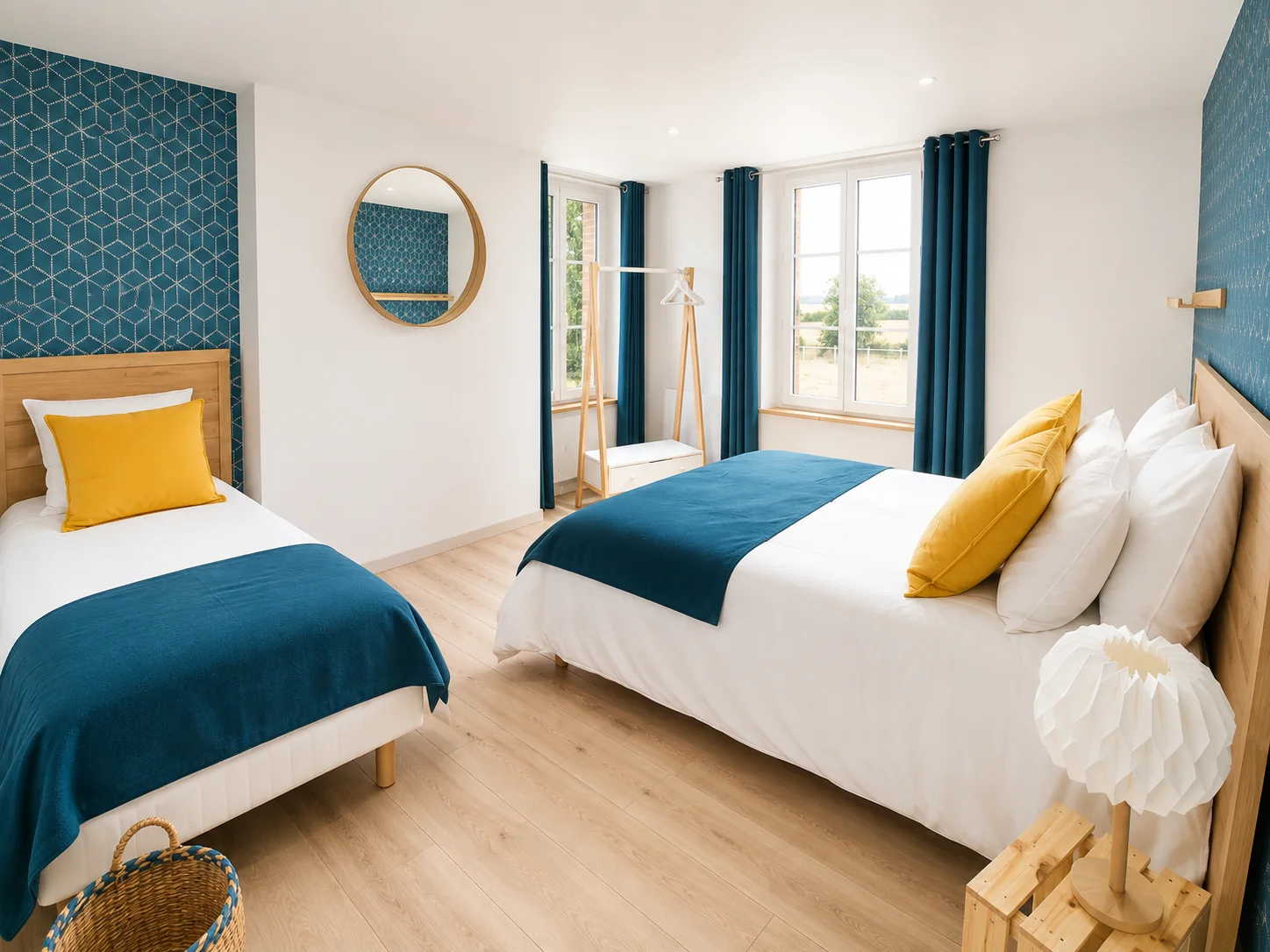 Chambre familiale bleue et jaune